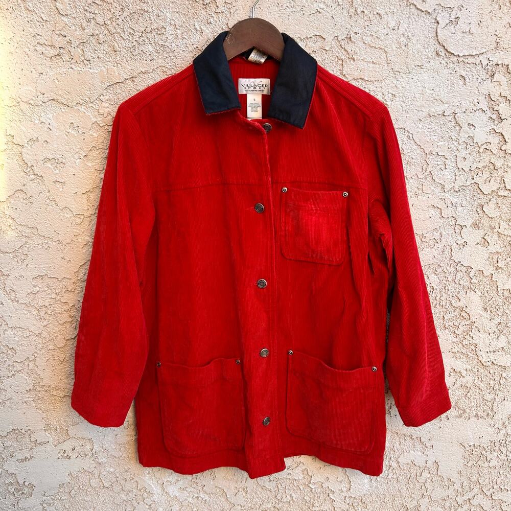 Vintage 90s Villager Sport Red Corduroy Barn Chore Jacket Black Collar Size S